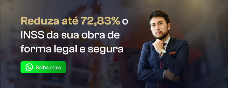 Homem de terno escuro, em pose confiante com a mão no queixo, ao lado do texto “Reduza até 72,83% o INSS da sua obra de forma legal e segura”