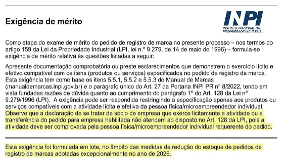 Imagem demonstrando o despacho padrão que milhares de titulares pessoas físicas estão recebendo do INPI em 2026